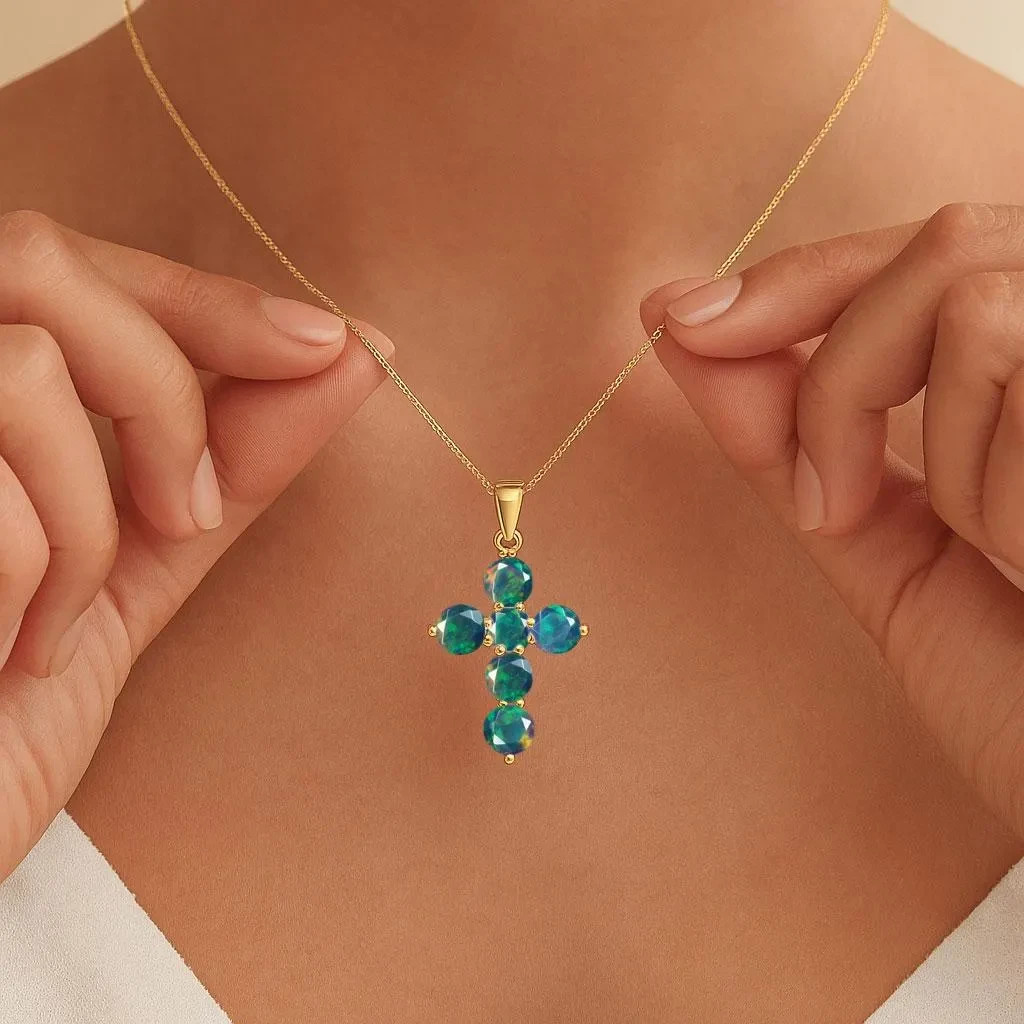 Fire Black Opal Gemstone Gold Cross Pendant, Natural Opal Chain Pendant Necklace
