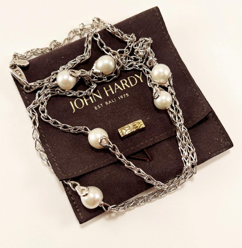 JOHN HARDY BAMBOO COLLECTION 925 STERLING SILVER & PEARL 6-STATION NECKLACE 36in