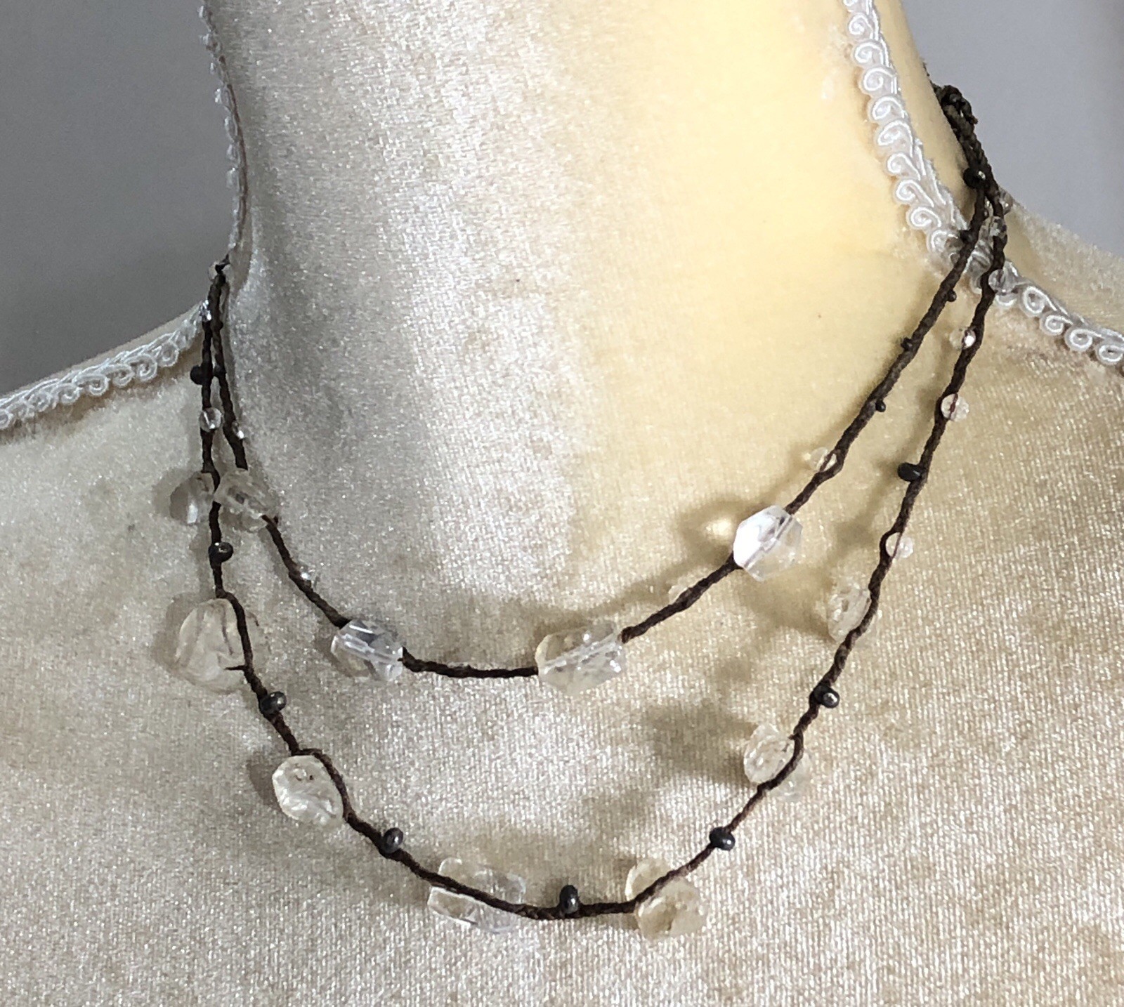 CL Necklace Sterling Silver Quartz Bead Braided Twine – 15 in Length