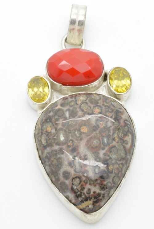 Southwestern Sterling Silver Pendant Signed 925 Red Faceted Cut Stone Granite