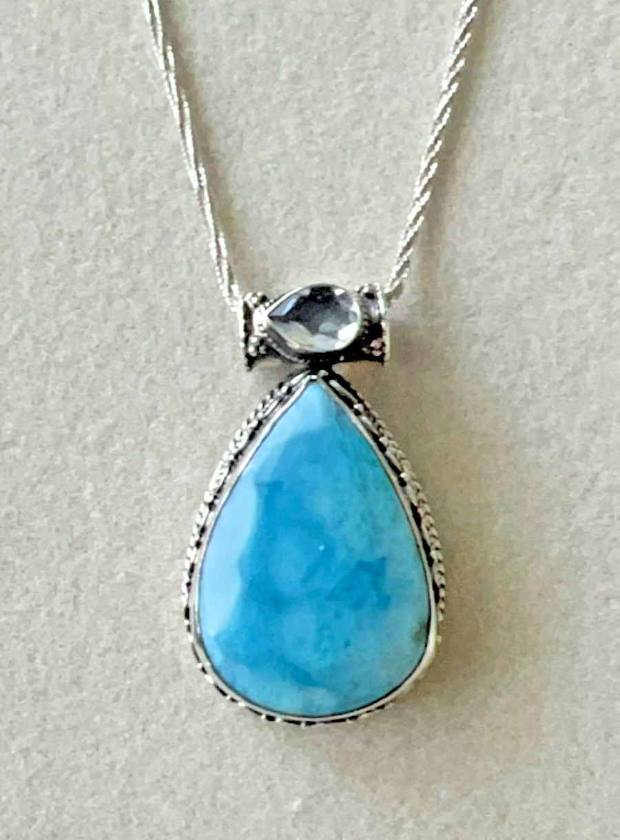 Larimar Pendant Sterling Silver 925 – Quartz Bezel – Ornate Caribbean Blue Stone