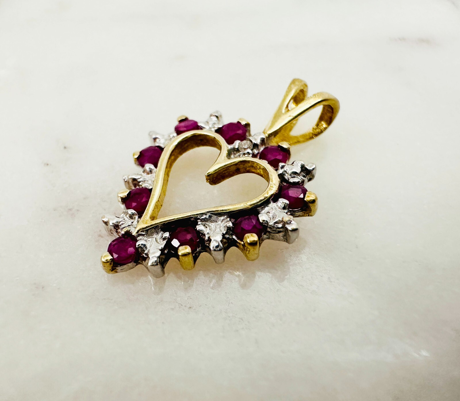 Estate 10K Multi-Tone Gold Ruby w/Diamond Accent Small Heart Pendant 19x13mm