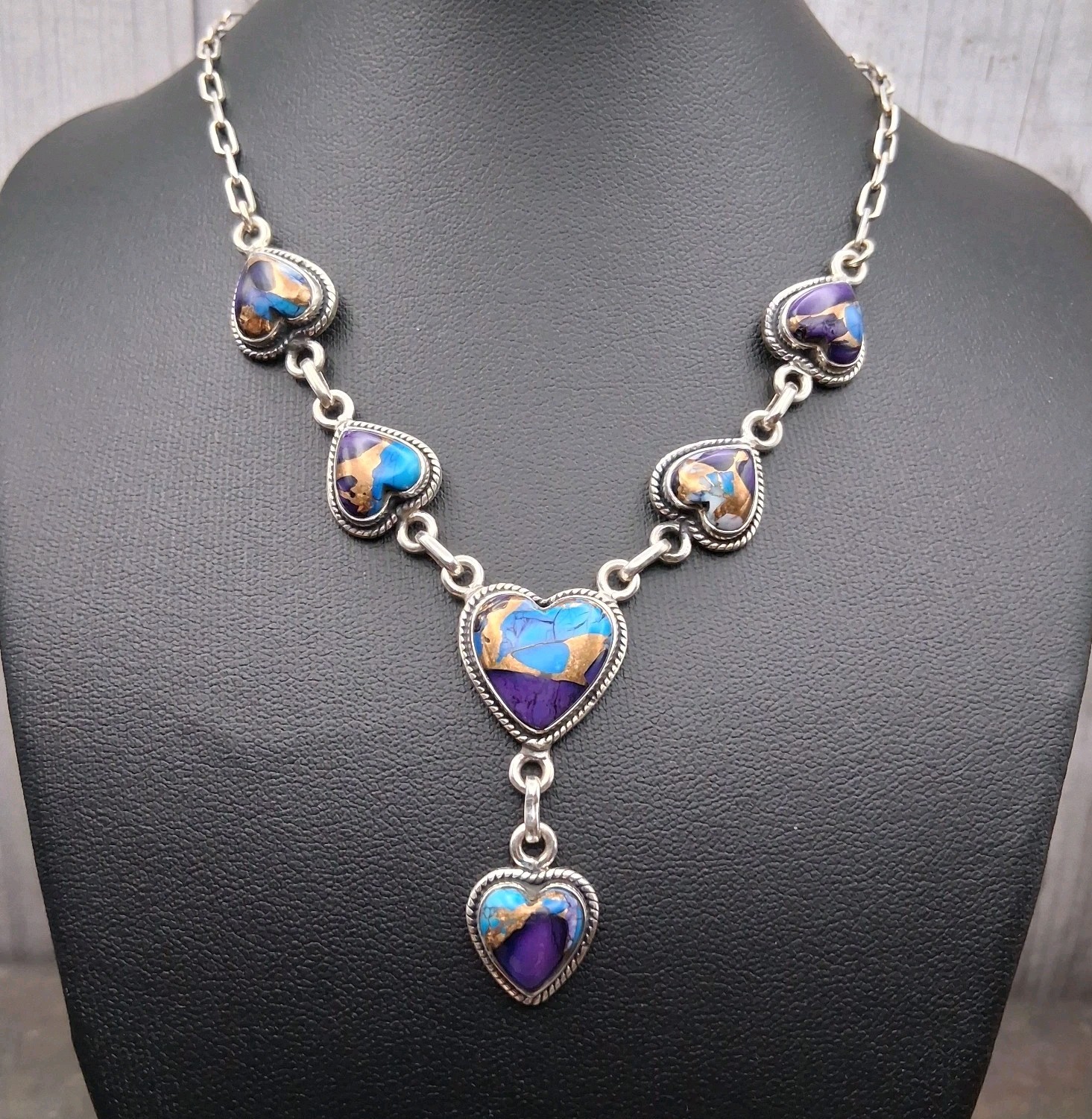 Purple Blue Turquoise Heart Necklace 14-19in Sterling Silver Southwestern