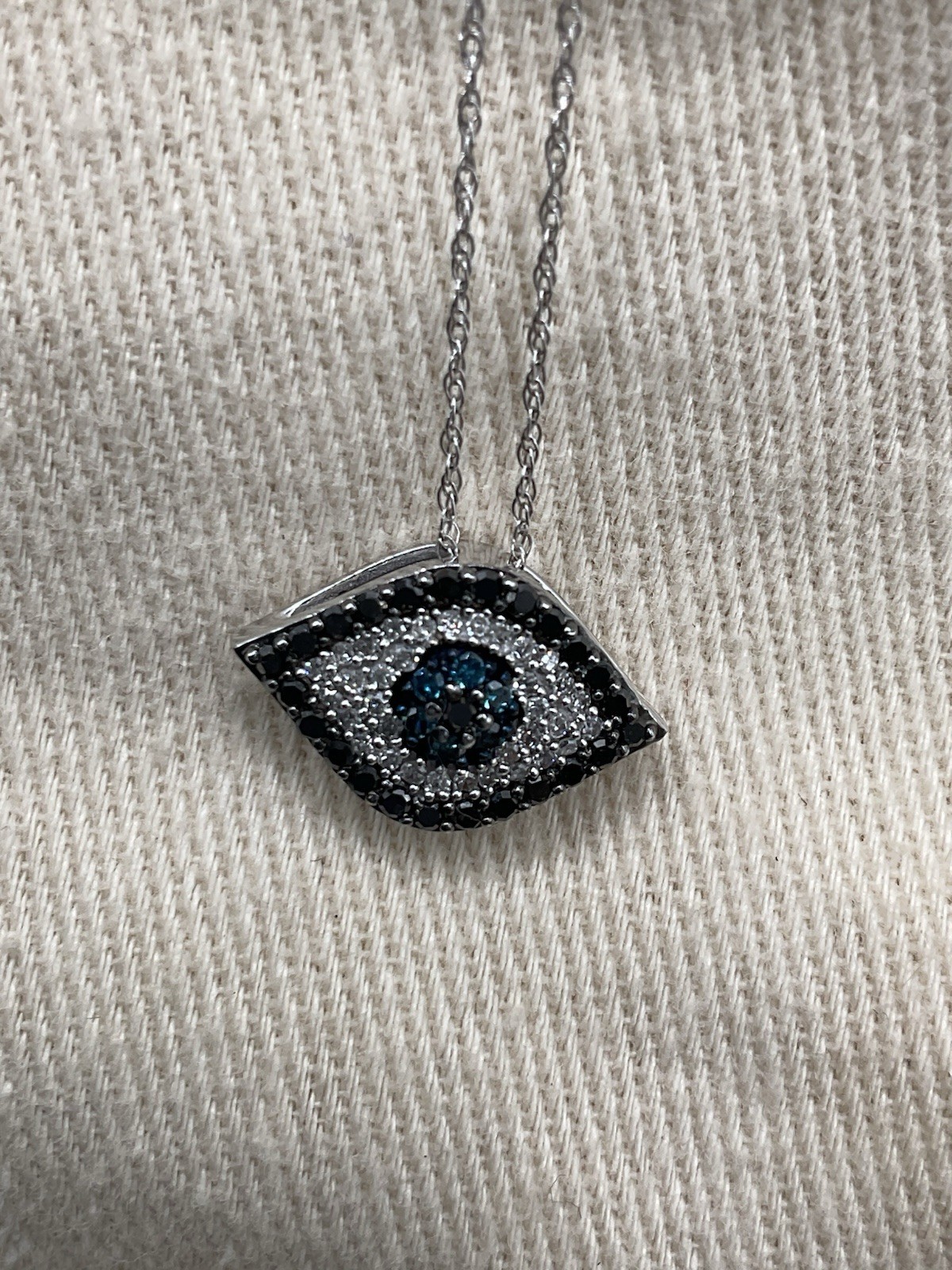 14kt white gold Black,white,Blue Diamond evil eye pendent/Necklace-Free Shipping
