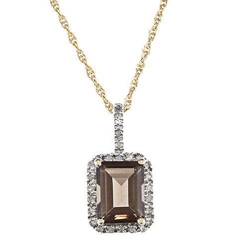 10k Yellow Gold Emerald-Cut Smoky Quartz and Diamond Halo Pendant Necklace