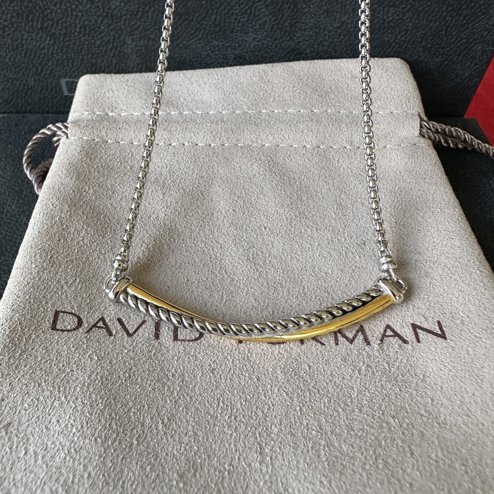 David Yurman Two Tone Cable Bar Pendant 925 Silver 18K Gold Box Chain Necklace