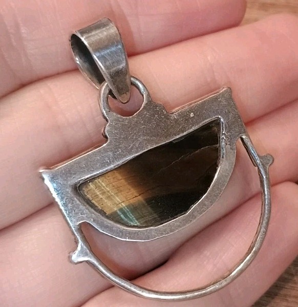 Tiger’s Eye Cabochon Sterling Silver 925 Half Moon Boho Ethnic Modernist Pendant