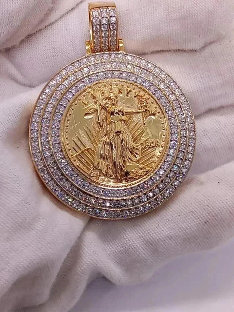 2.34ct Round Cut Lab Created Diamond Coin Men’s Pendant 14k Yellow Gold Plated