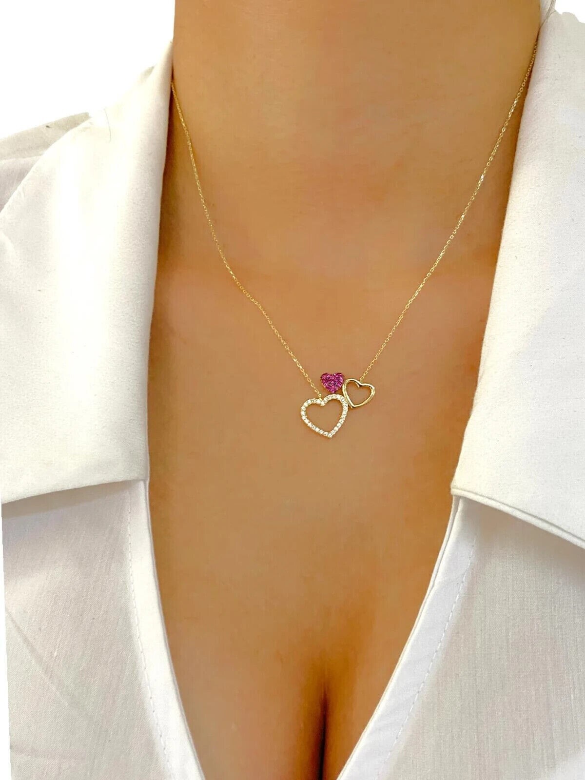 14K Yellow Gold Plated Diamond 3 Heart Pendant 2Ct Round Cut Lab Created Women’s