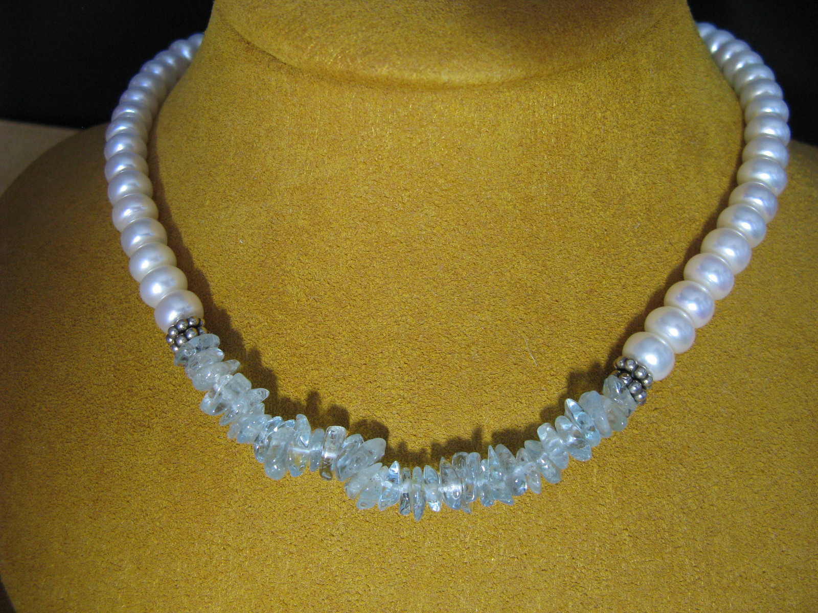 PEARL NECKLACE AQUAMARINE STRAND STRING WHITE SILVER HONORA Gift Designer