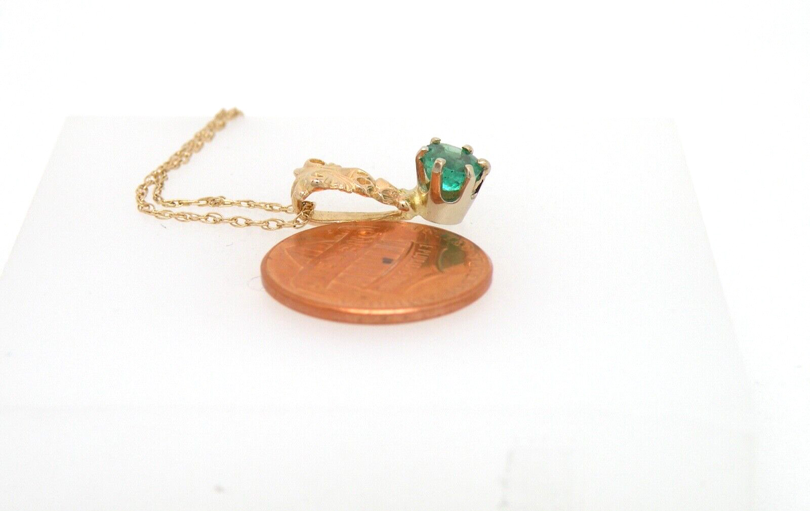 Authentic 14k Yellow Gold Pendant, round Emerald, large bail, May birthstone