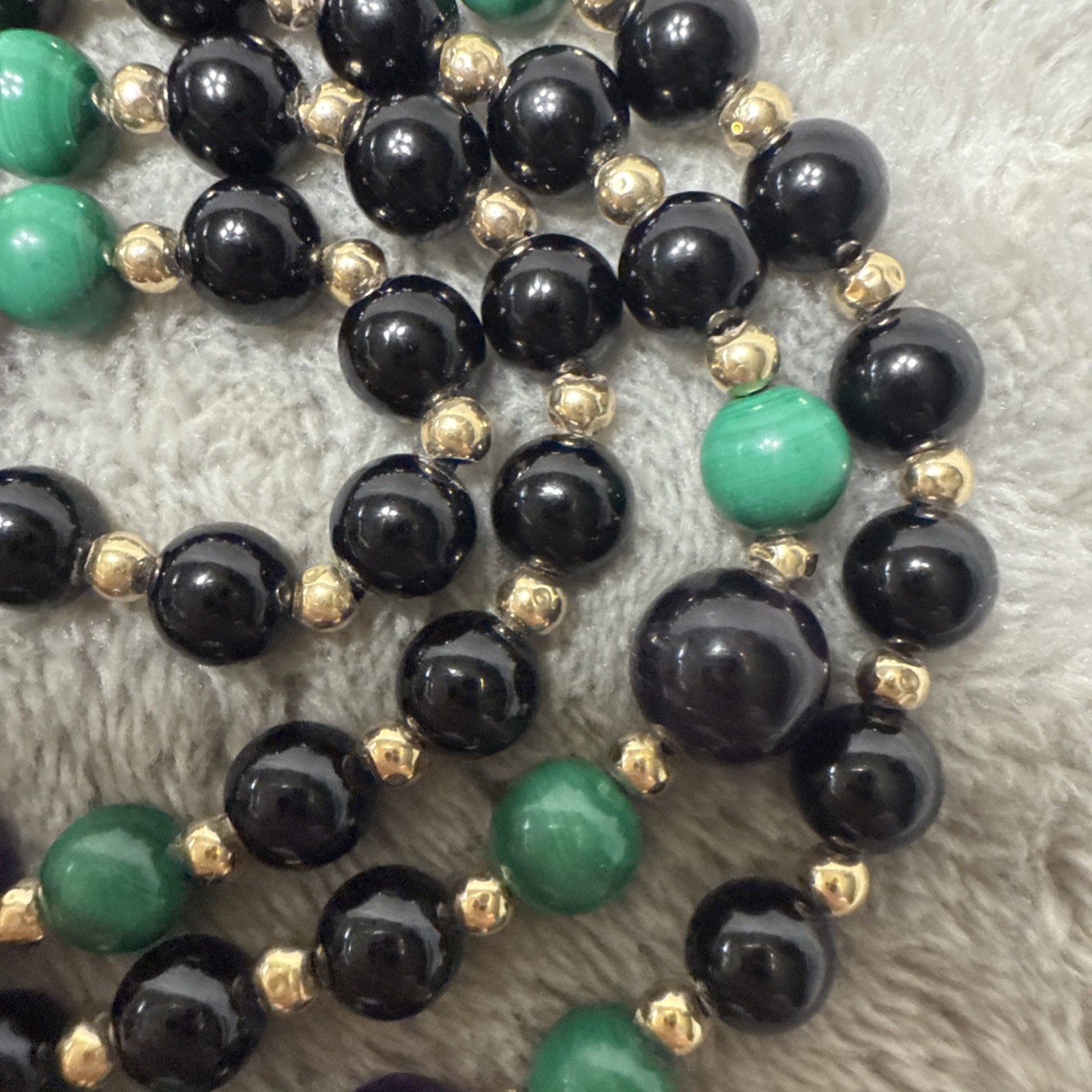 Yellow 80+ Gold Beads Spacer Black Onyx Amethyst Long Bead Necklace 26” 31g