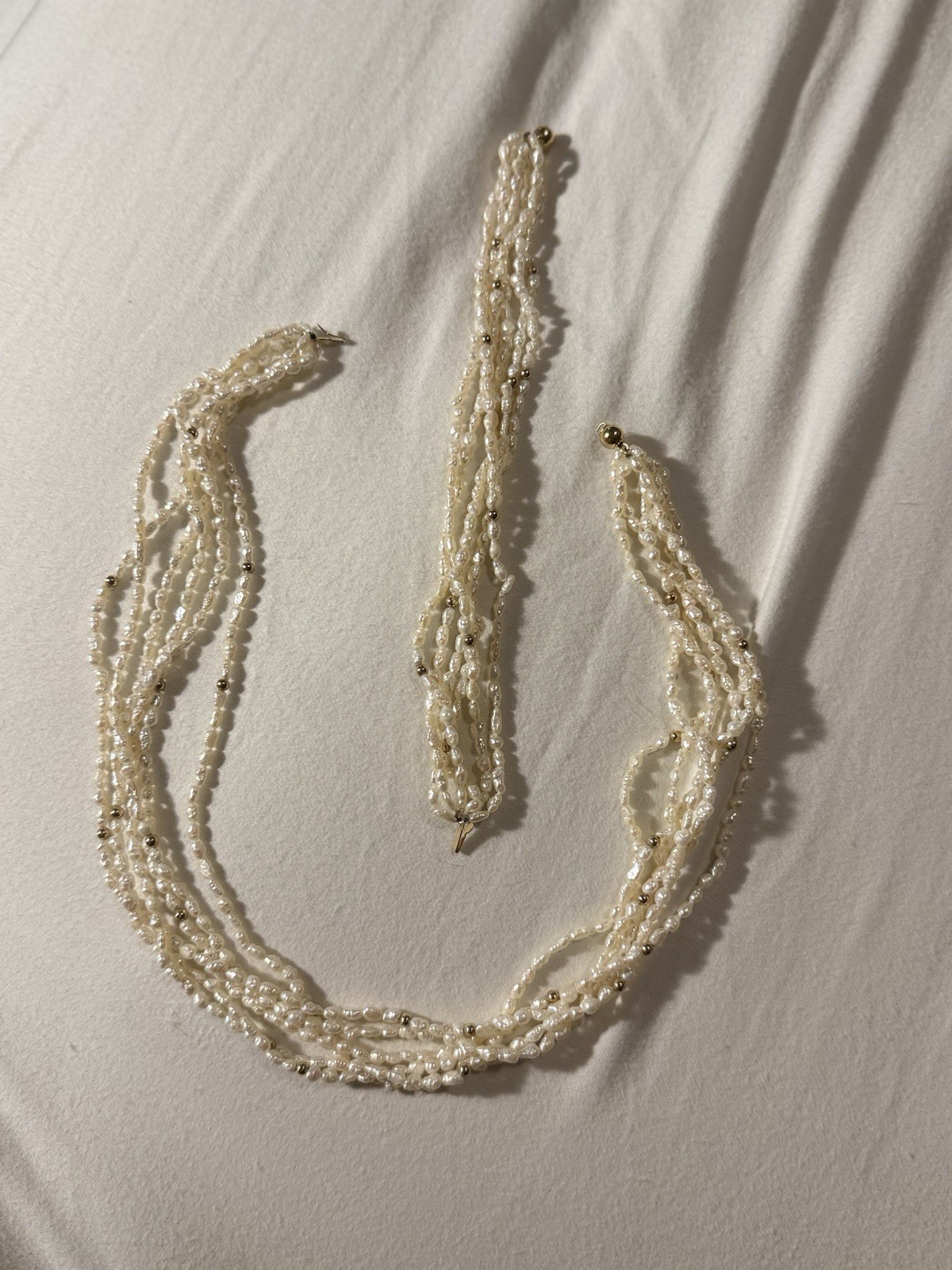 Multi Strand Freshwater Pearl Necklace 14K Gold Clasp With Matching Bracelet