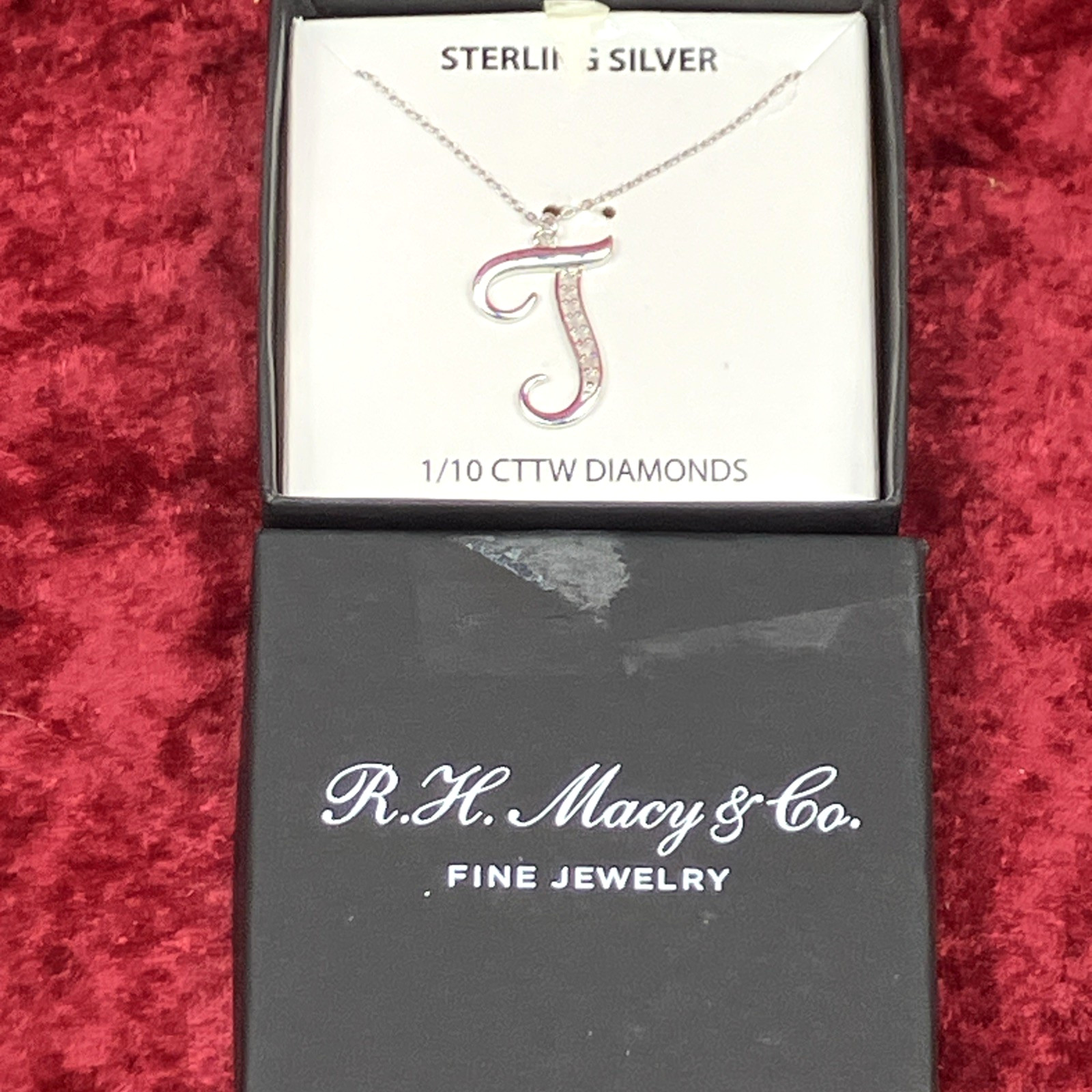 RH Macy’s Diamond Initial ‘T’ 18in Pendant Neckace 925 Silver 1/10 cttw RP $100