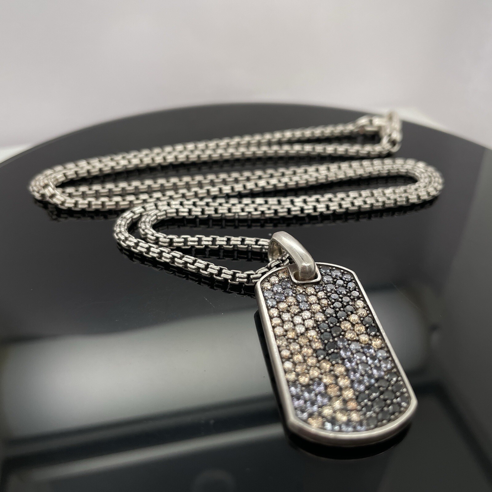 David Yurman Silver Diamonds & Garnets Chevron Tag Pendant Necklace $5000 Retail
