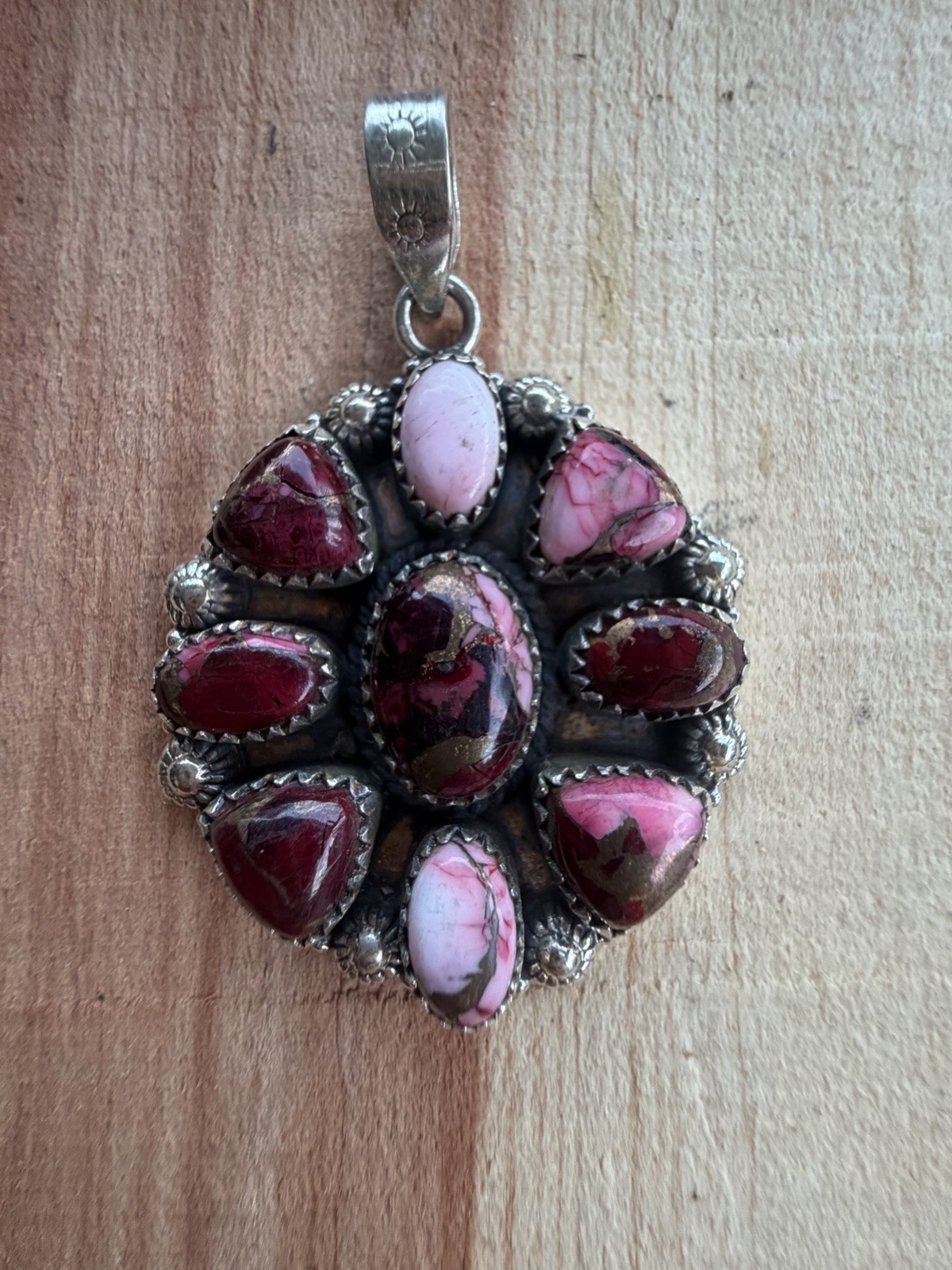 925 Sterling Silver Red Dahlia Turquoise 8-Stone Cluster Round Pendant