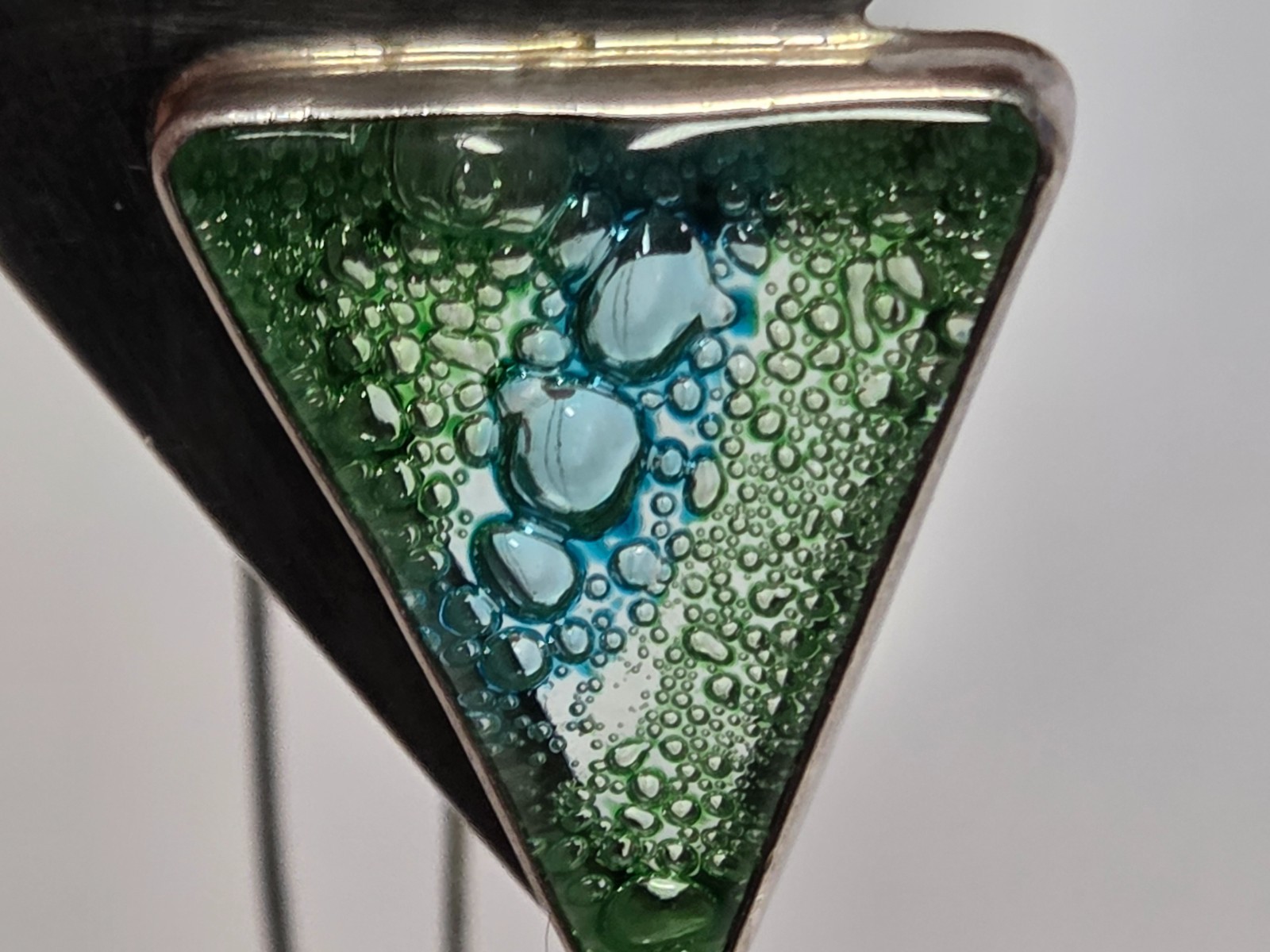 Dichroic Glass Sterling Silver Triangle Pendant Necklace 18″ Green Blue Bubbles