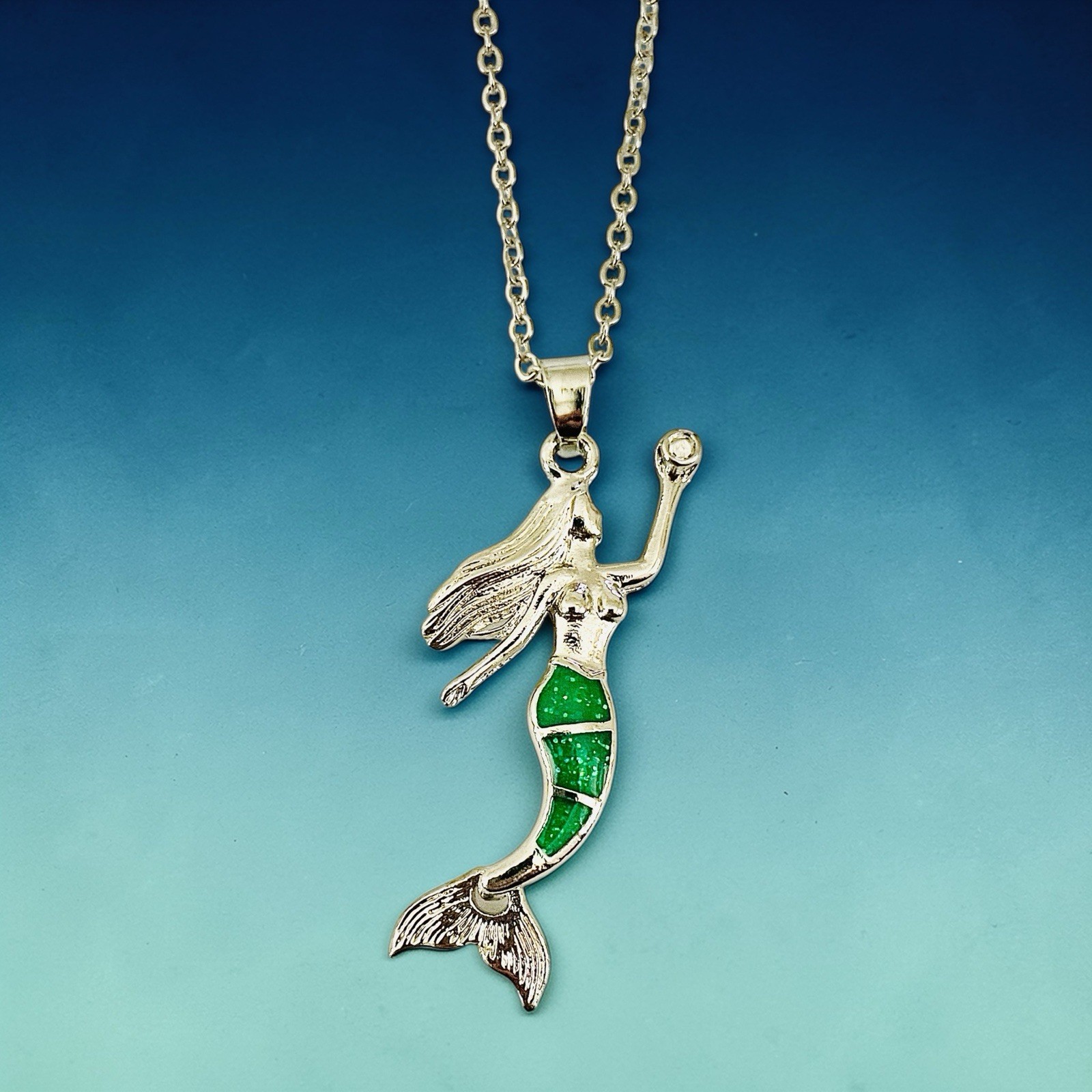 New Sterling Silver Mermaid Pendant Necklace with Green Opal Inlay 🇺🇸 Seller