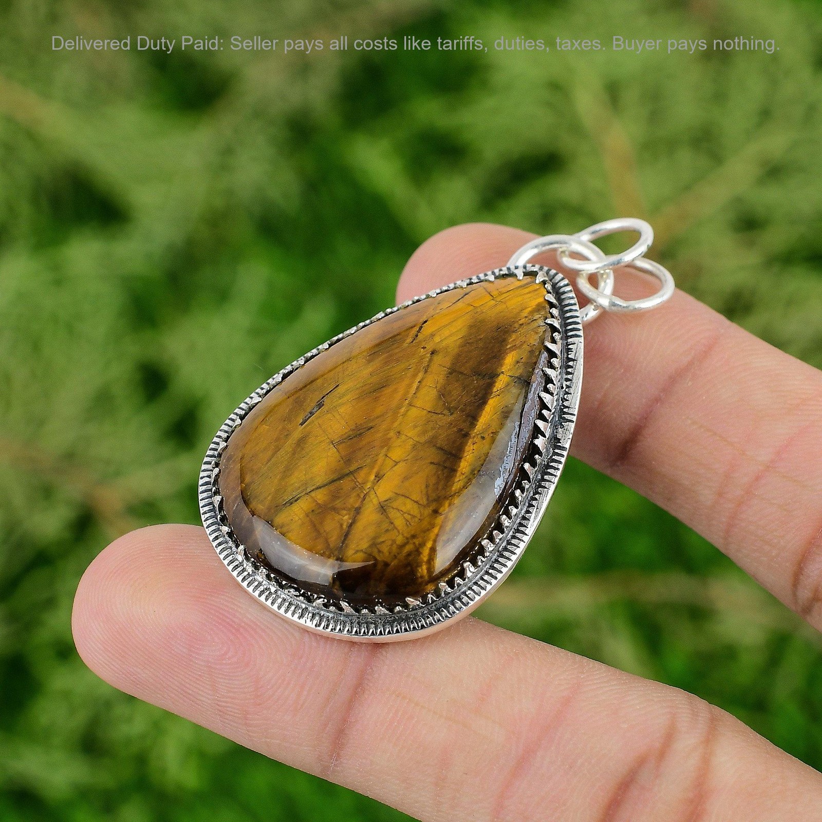 Sterling Silver Pear Tiger’s Eye Stone Wife Anniversary Birthday Bezel Pendant