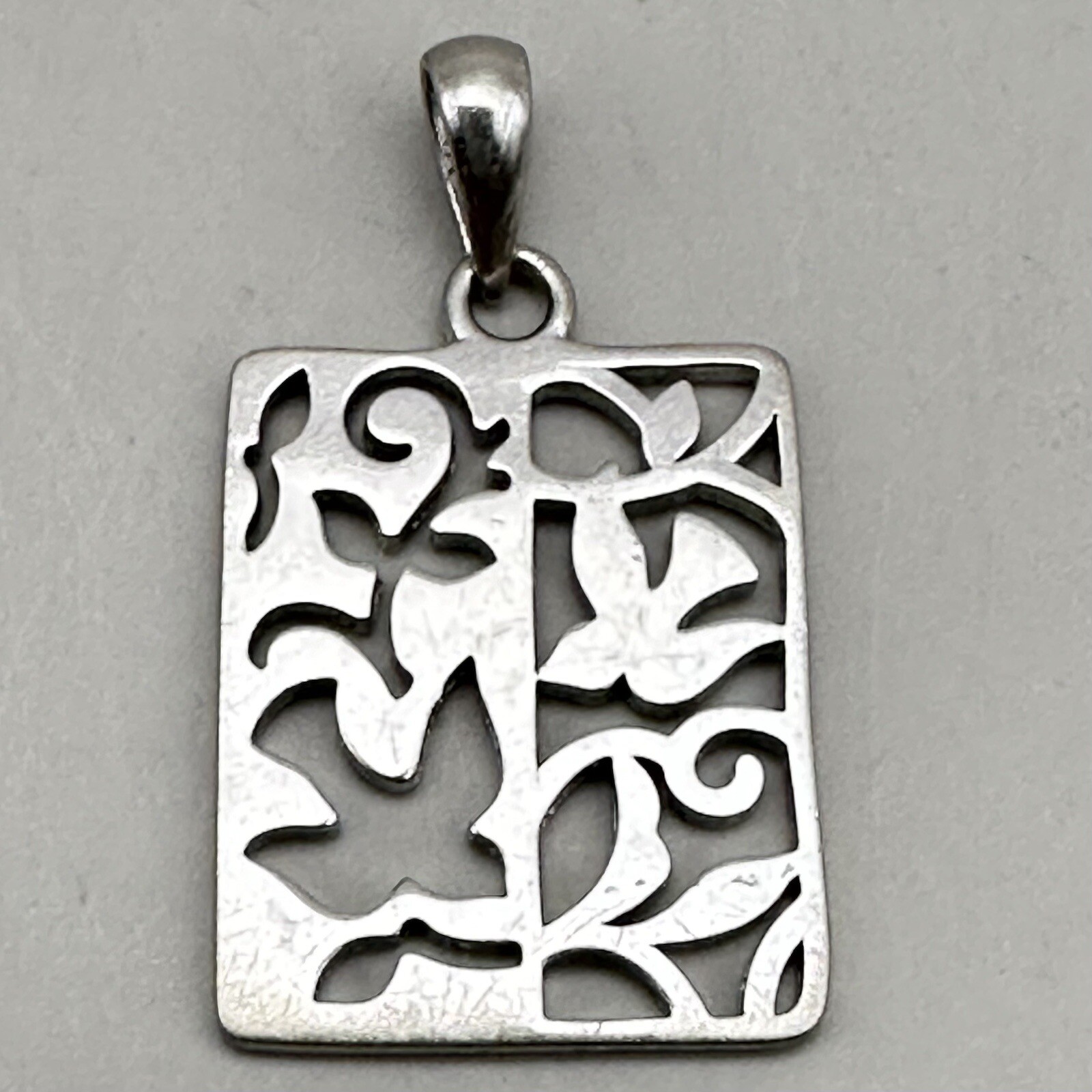 Flying Birds Rectangular Pendant 925 Sterling Silver Cut Out Open Work Leaves