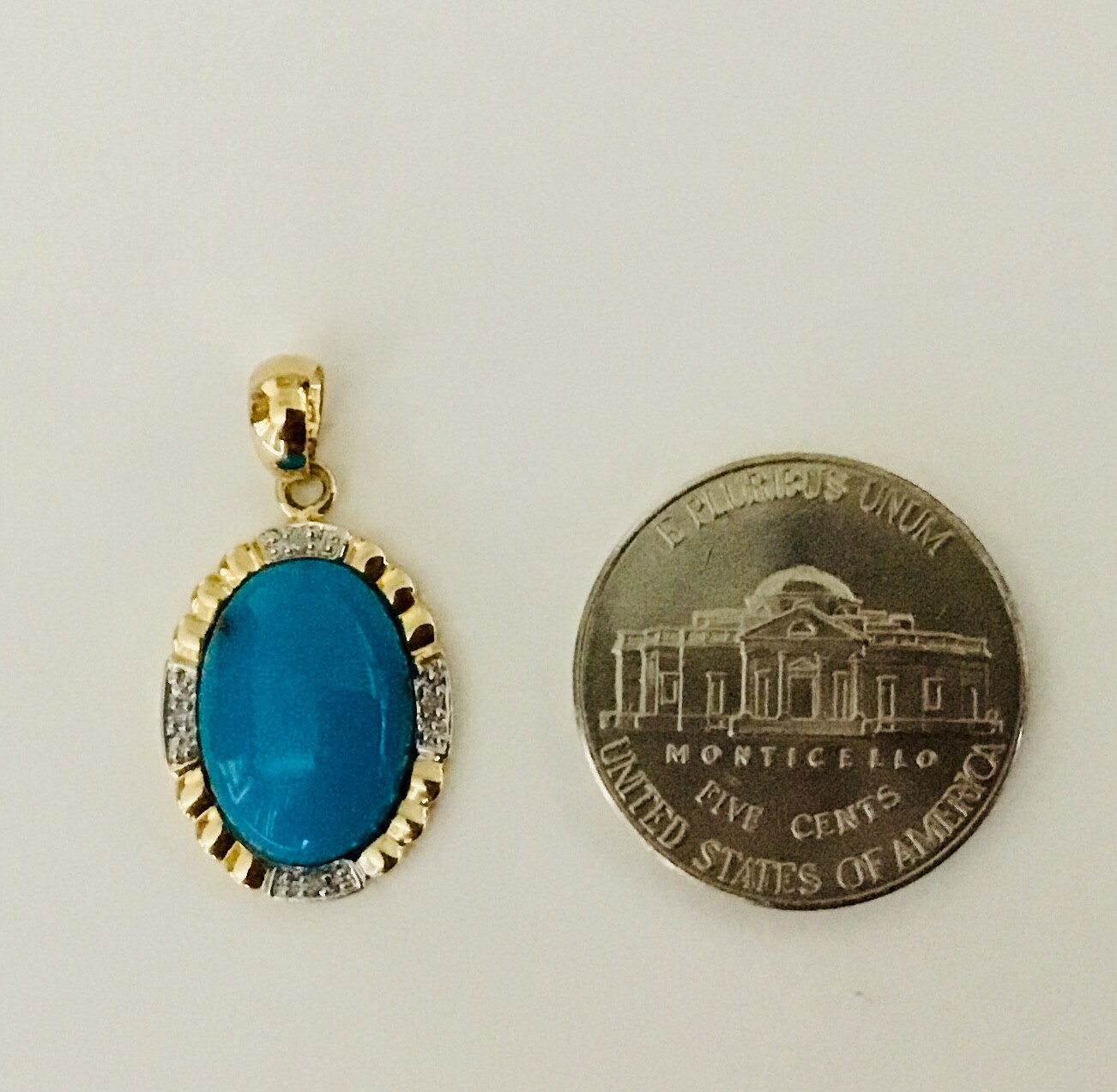 Solid 14K Yellow Gold Natural Turquoise & Diamonds Pendants For Necklace NEW