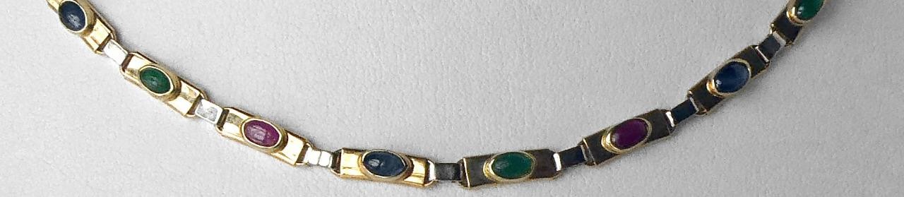 14k Gold Emerald Ruby Sapphire Multi Gems Cabochon Necklace Italy 14.3gr 17.5″