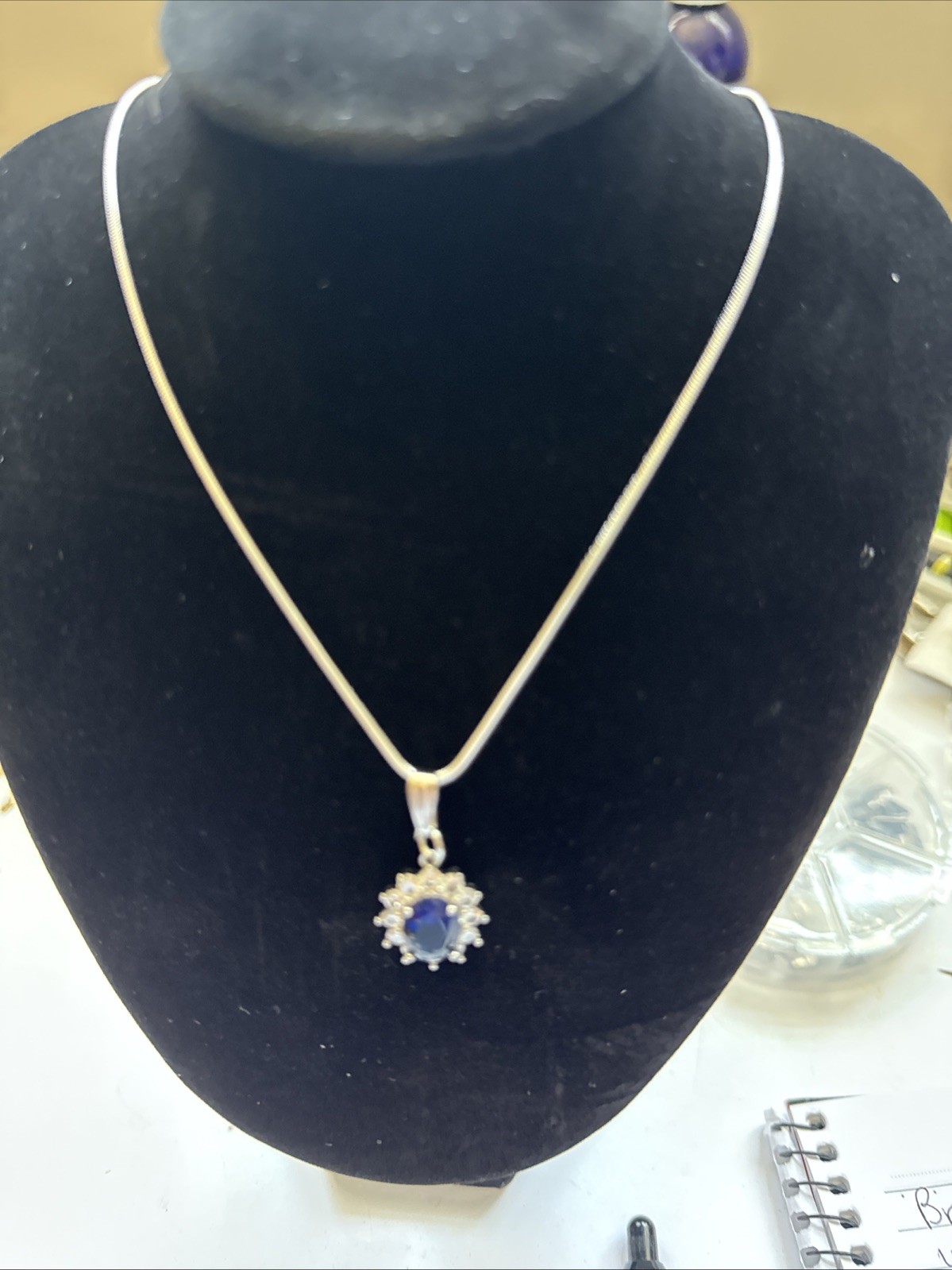 Blue Sapphire And Man Made Diamond Necklace With Sterling Silver Chain