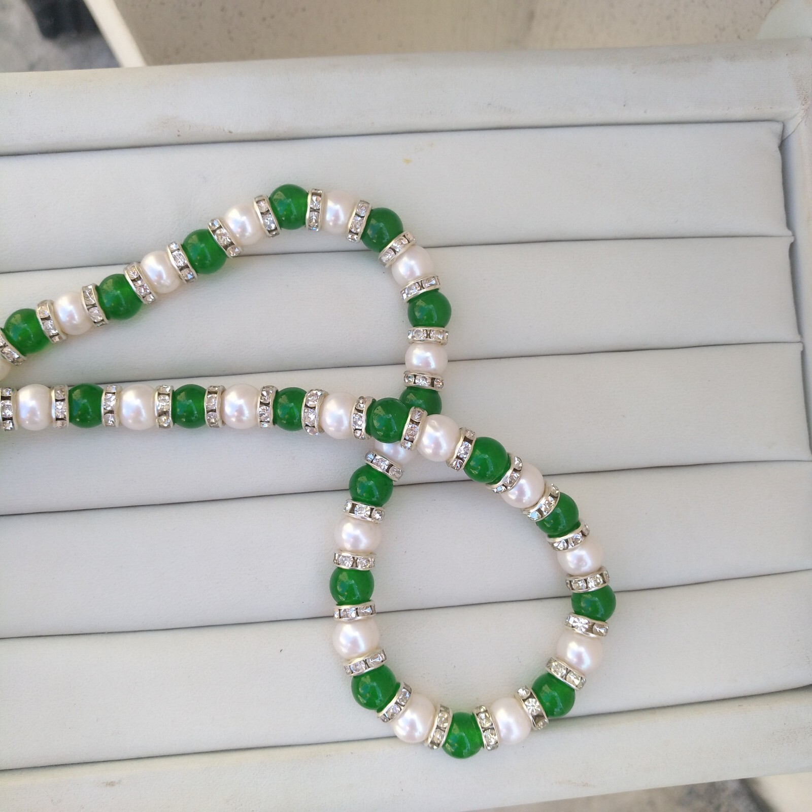 19Inch Pretty 7-8mm AAA+ South Sea White Pearl Green Jade Necklace 14k Gold P