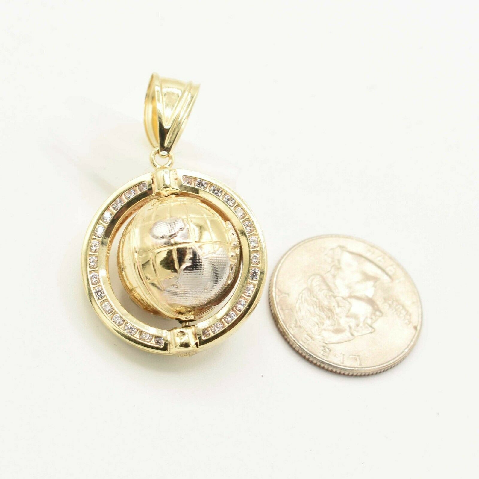 Pendant Two Tone 3D Textured World Globe 1 3/4″ Real 10K Yellow White Gold