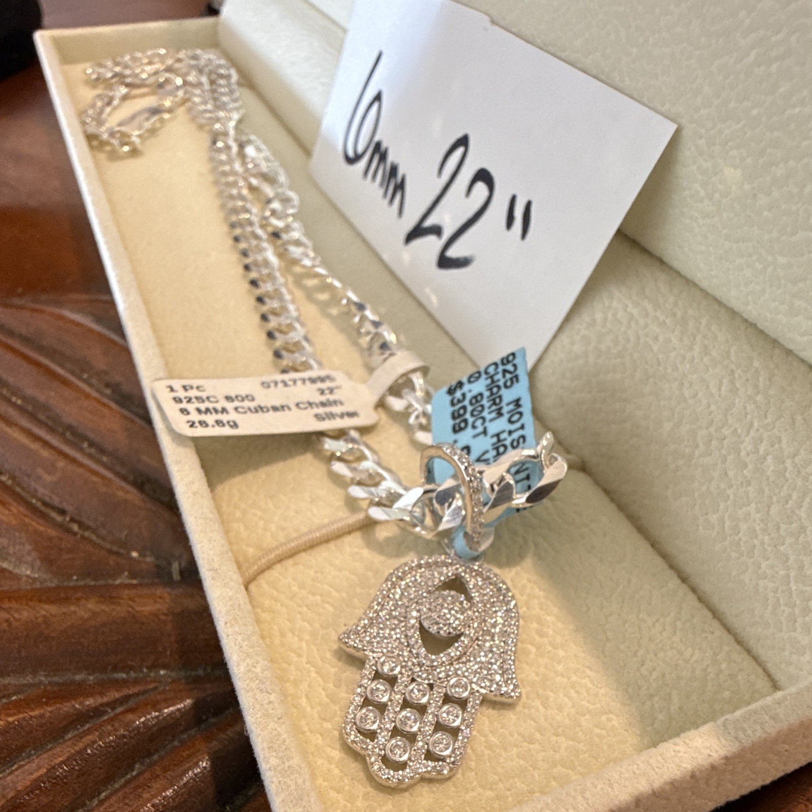 22” 6mm Cuban Link Chain SOLID 925 Silver (~30g) w Moissanite Hamsa Pendant