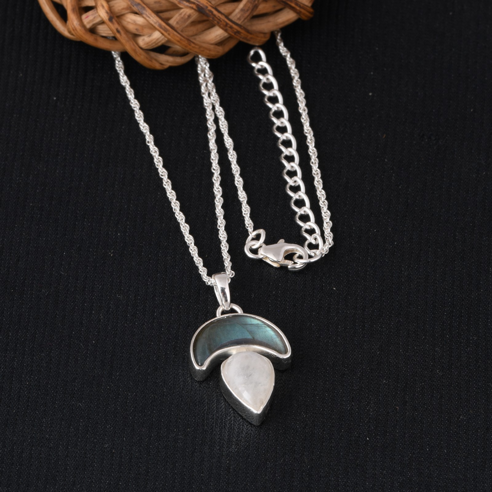 925 Sterling Silver Labradorite & Moonstone Necklace Crescent Jewelry for Gift