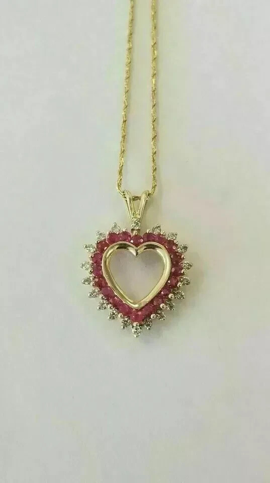 1.00CT Round Cut Red Ruby & Diamond Heart Pendant Chain 14K Yellow Gold Over