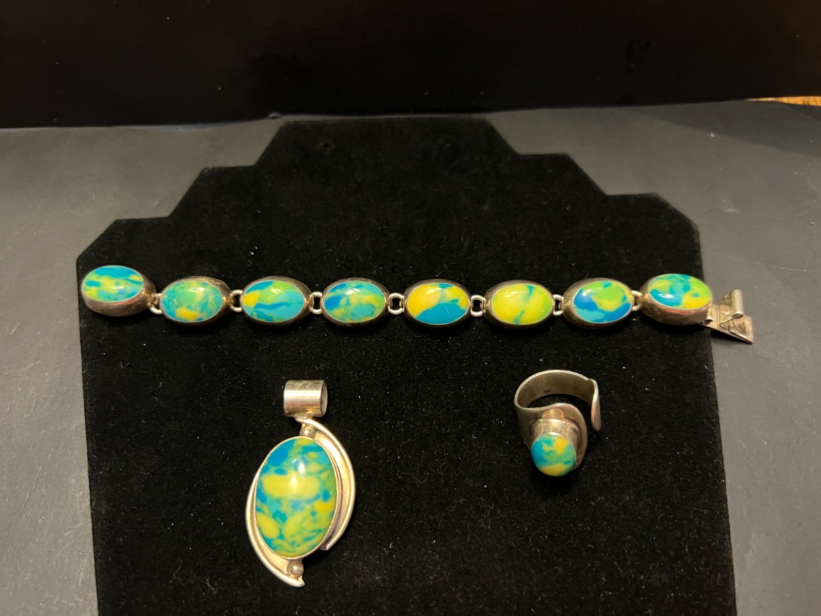 3 piece Set Cabochon Green Blue Yellow Pendant Bracelet Ring Sterling Taxco