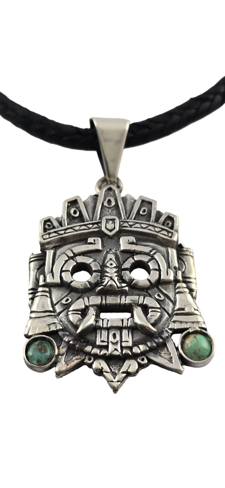 Handmade 925 Sterling Silver Tlaloc Pendant with Natural Turquoise | Aztec God
