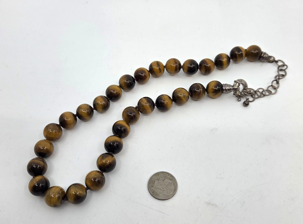 Tiger’s Eye Necklace Sterling Silver 925 Clasp 16” Bead size 12 MM