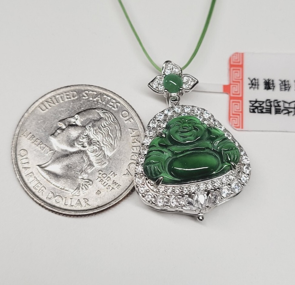 Certified Green Jade Buddha silver pendant inlaid Icy light green Buddha 满绿翡翠开心佛