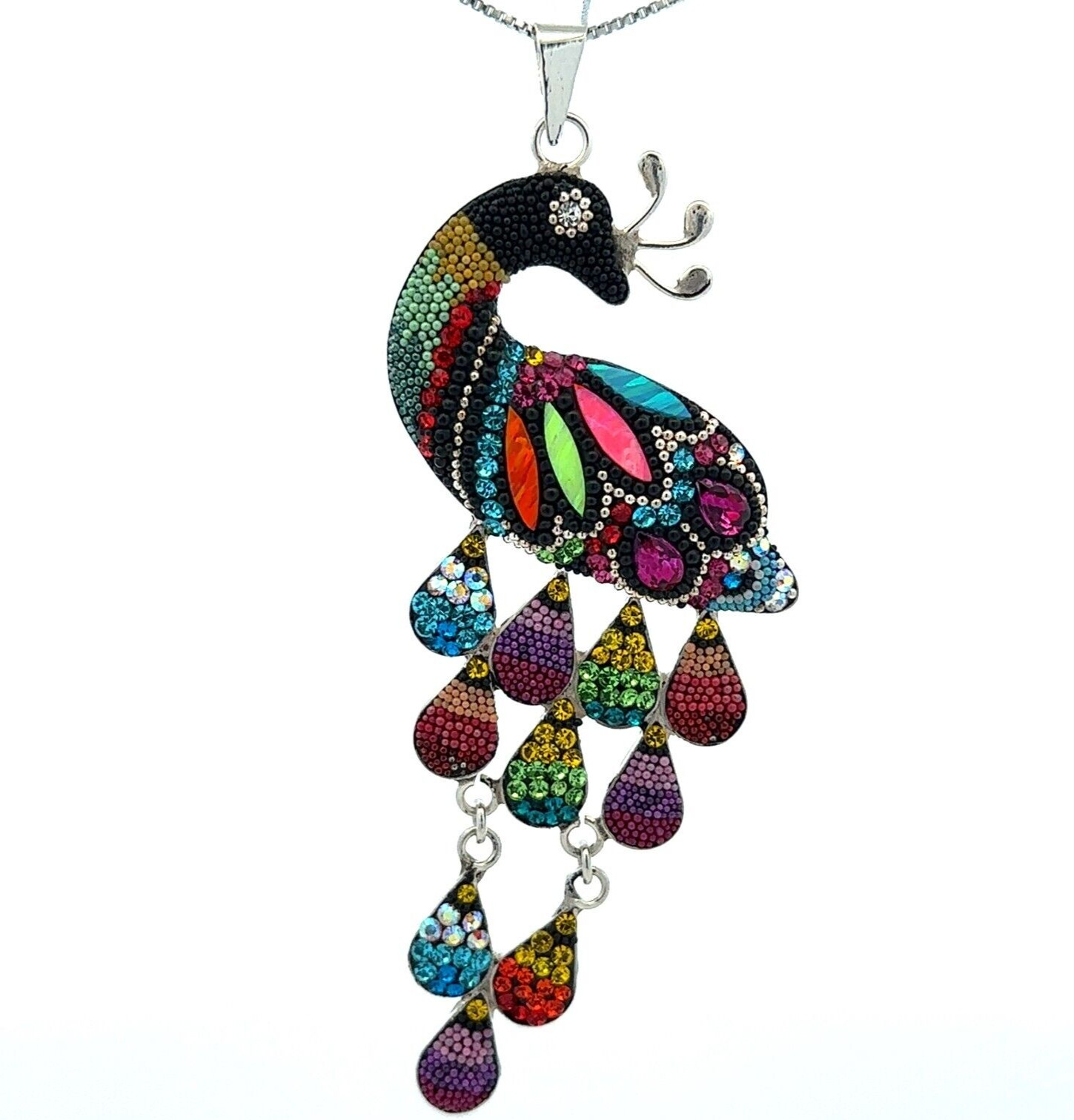 Sterling Silver Peacock Necklace With Austrian Crystal (1 1/2 x3 1/2 Inch)