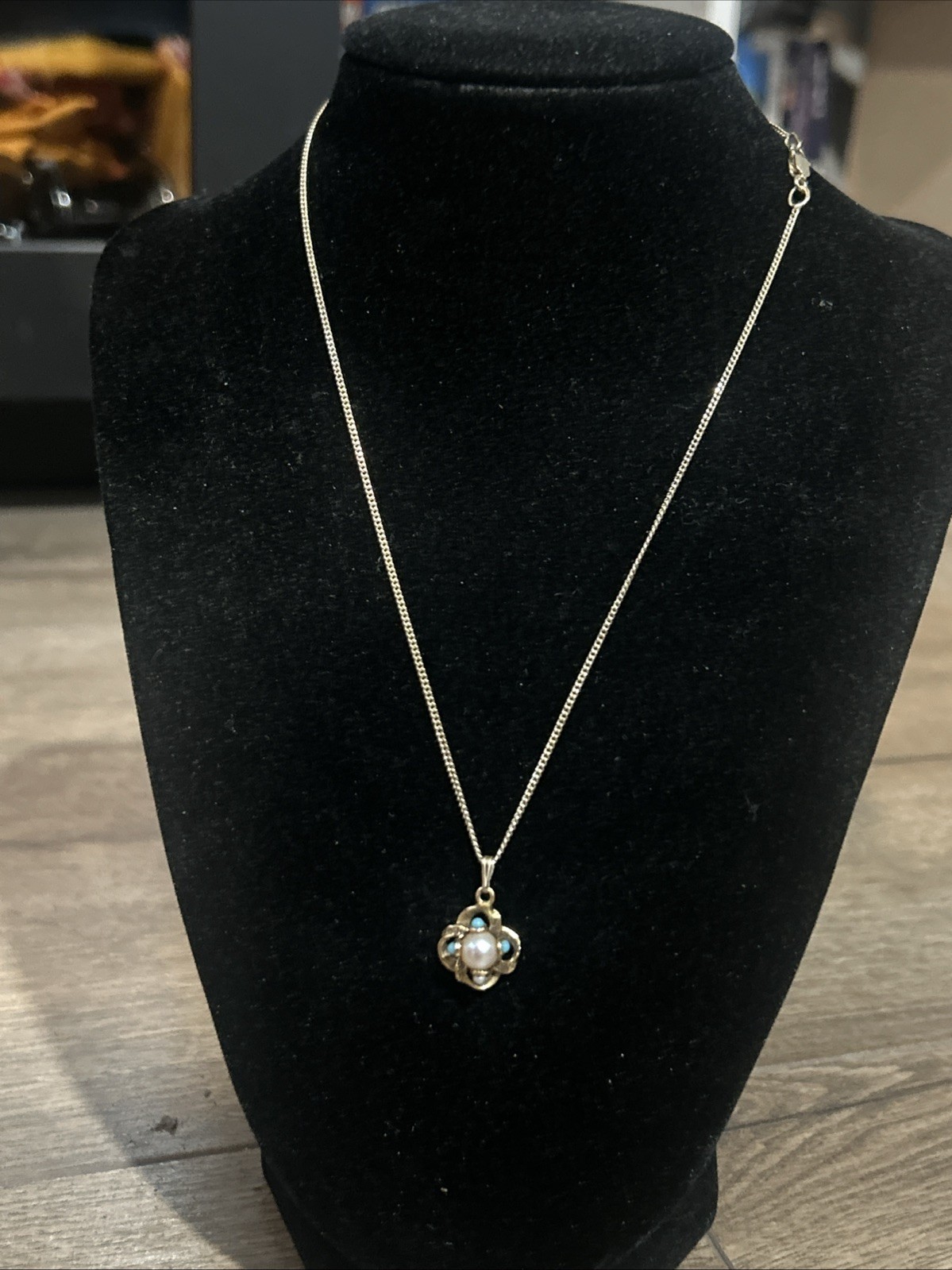 Antique 14k Gold Turquoise Seed Pearl Pendant 2.1g charm W/ GP SS 16”Chain