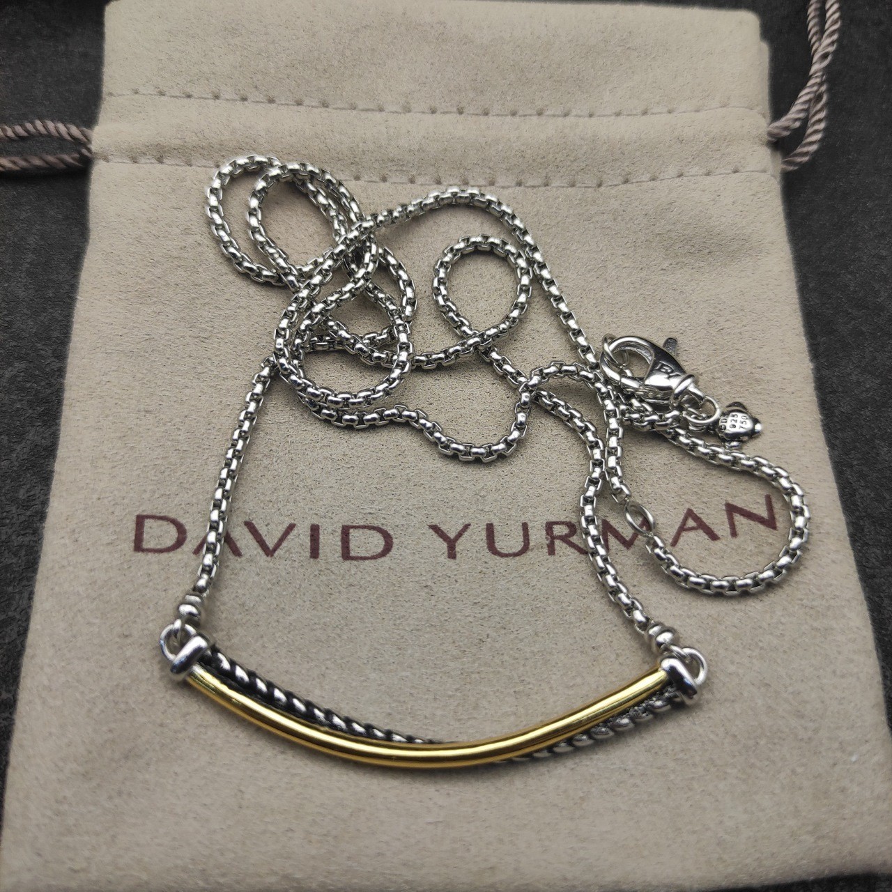 David Yurman Two Tone Cable Bar Pendant 925 Silver 18K Gold Box Chain Necklace