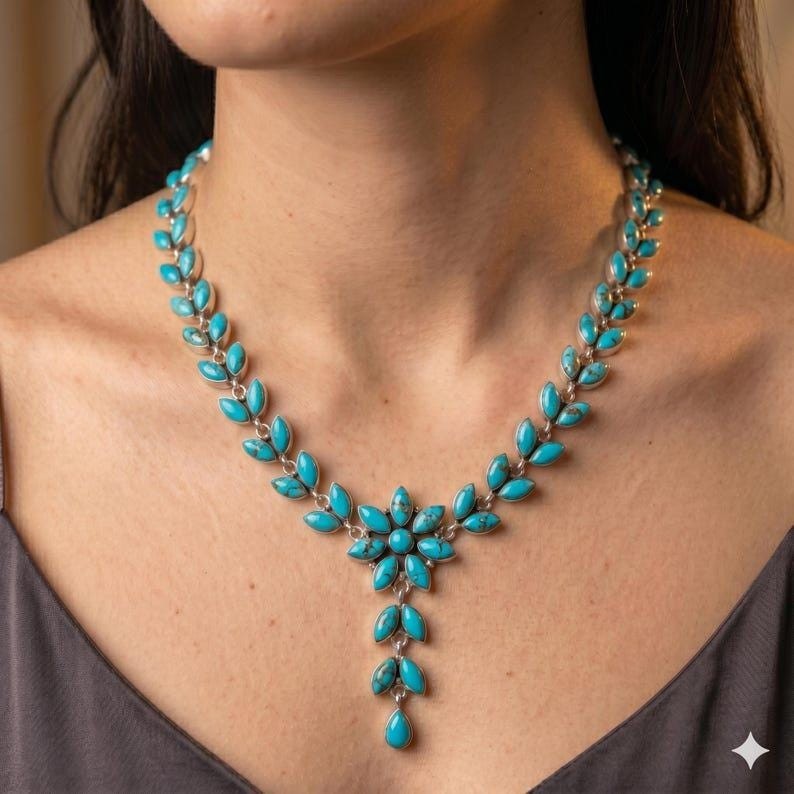 Handmade Sleeping Beauty Turquoise Necklace, 925 Sterling Silver Jewelry Gift