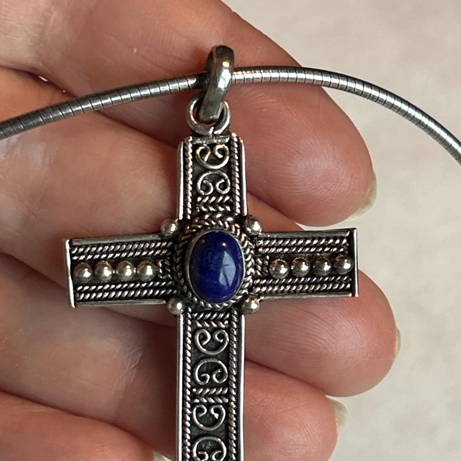 Sterling Silver 925 Omega Necklace And Ornate Cross Pendant With Blue Stone