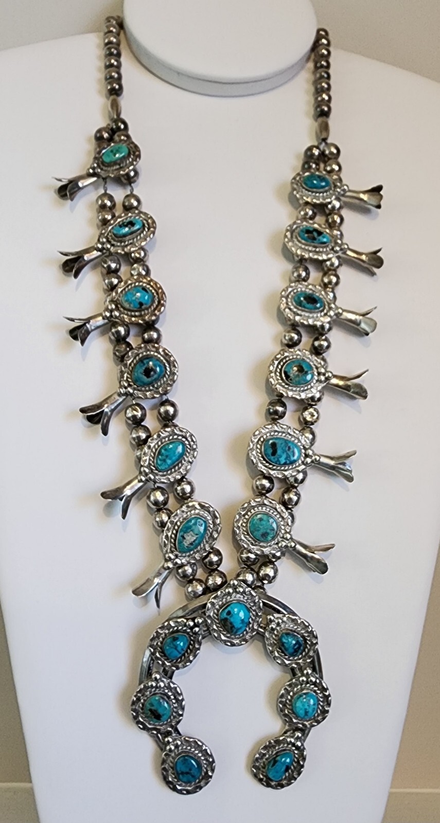 Sterling Silver 925 Navajo Calvin Desson Sleeping Beauty Squash Blossom Ag 24249