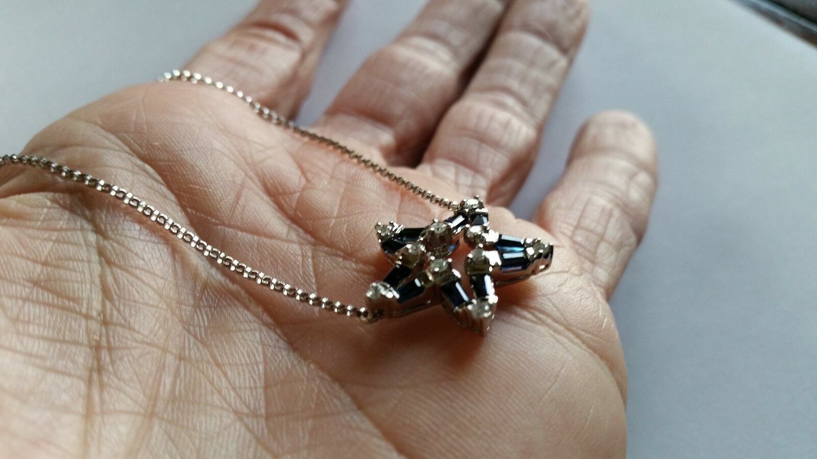 Stunning 14k White Gold .70ctw Diamond & Sapphire Eternity Star Pendant Necklace