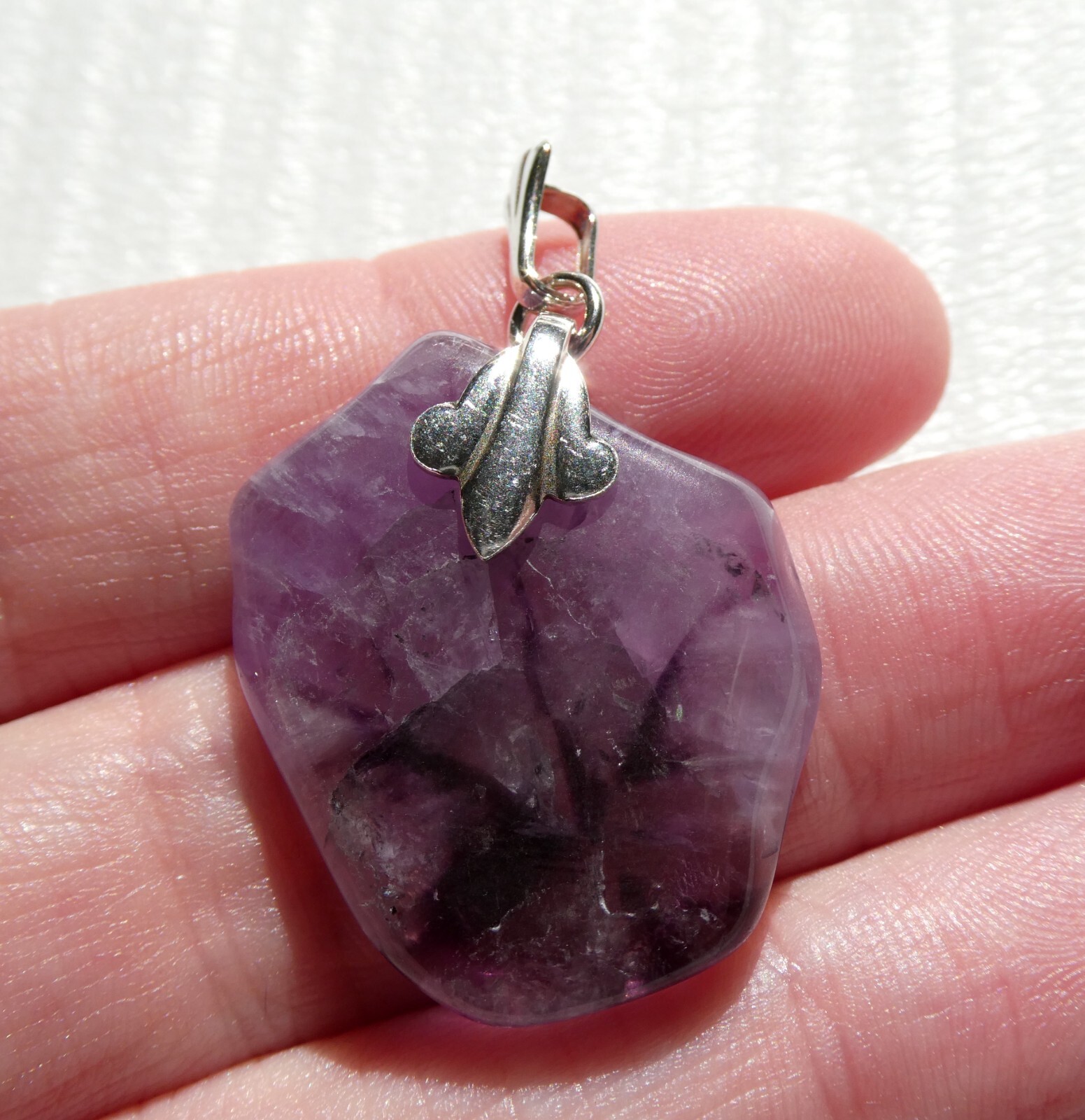 Sterling Silver Freeform Cut Amethyst Slice Pendant 925 6.8g 1.5 Inch Length