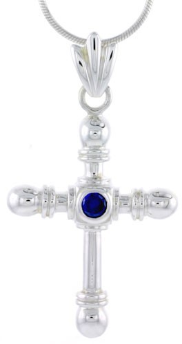 925 Sterling Silver Sapphire CZ Round Edge Cross Pendant 1 1/2 Inch (38mm) Tall