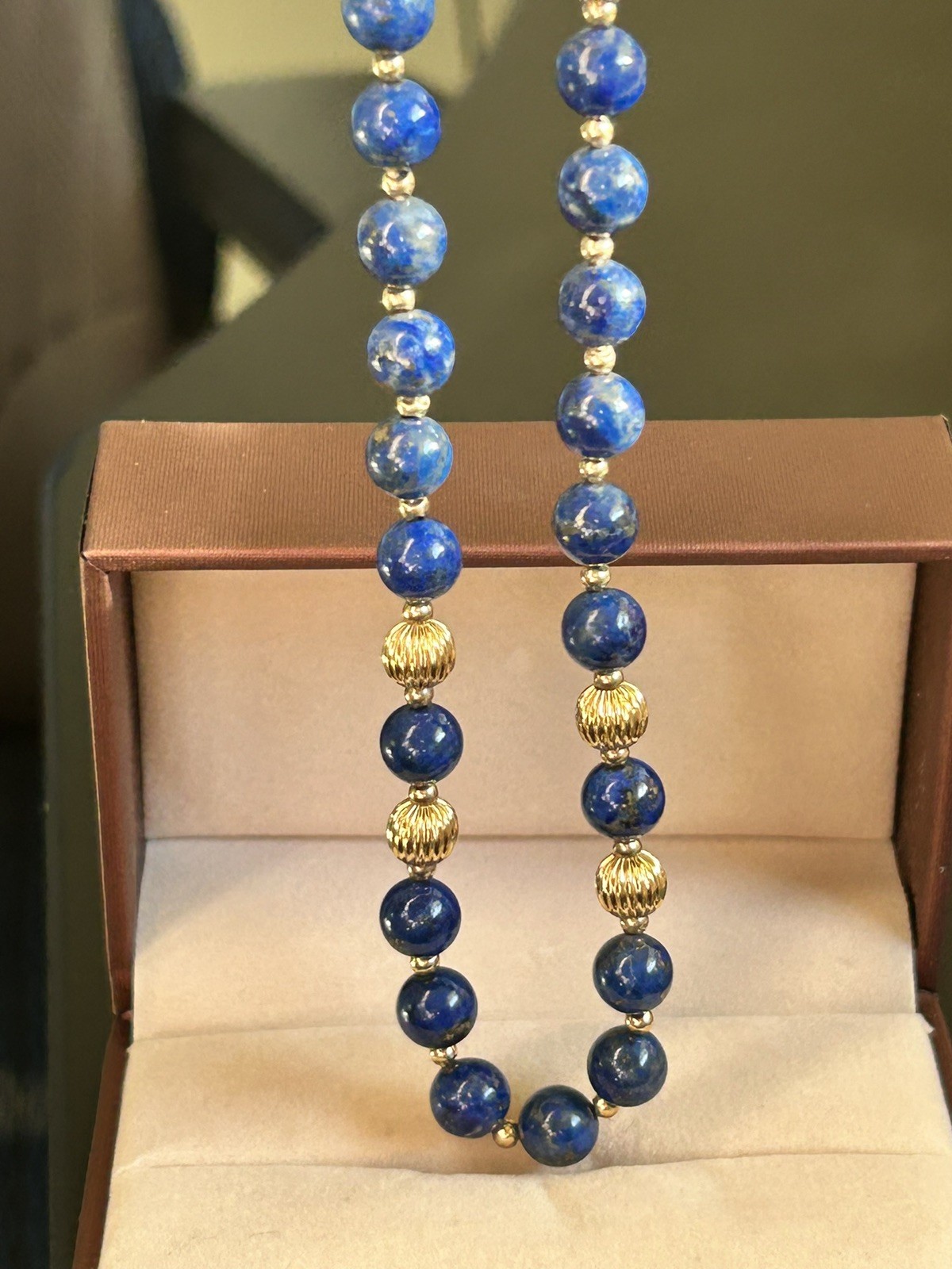 Vintage 14K Gold Natural Lapis Lazuli Ribbed Bead Statement Necklace 26″ 8mm