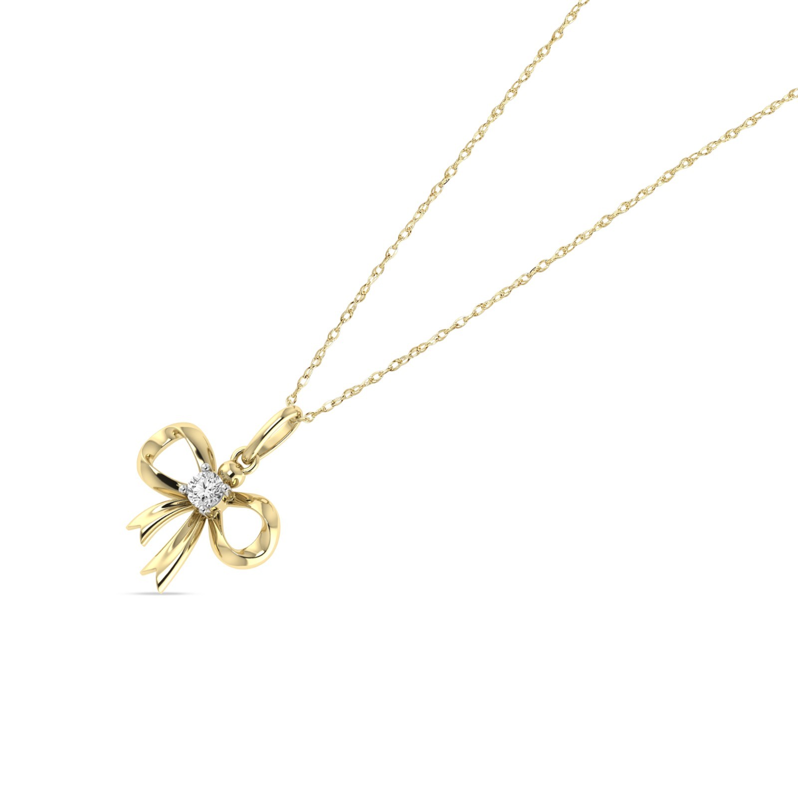 Bow Ribbon Pendant 1/10 Ctw Round Cut Lab Grown Diamond With Chain in 10K Gold
