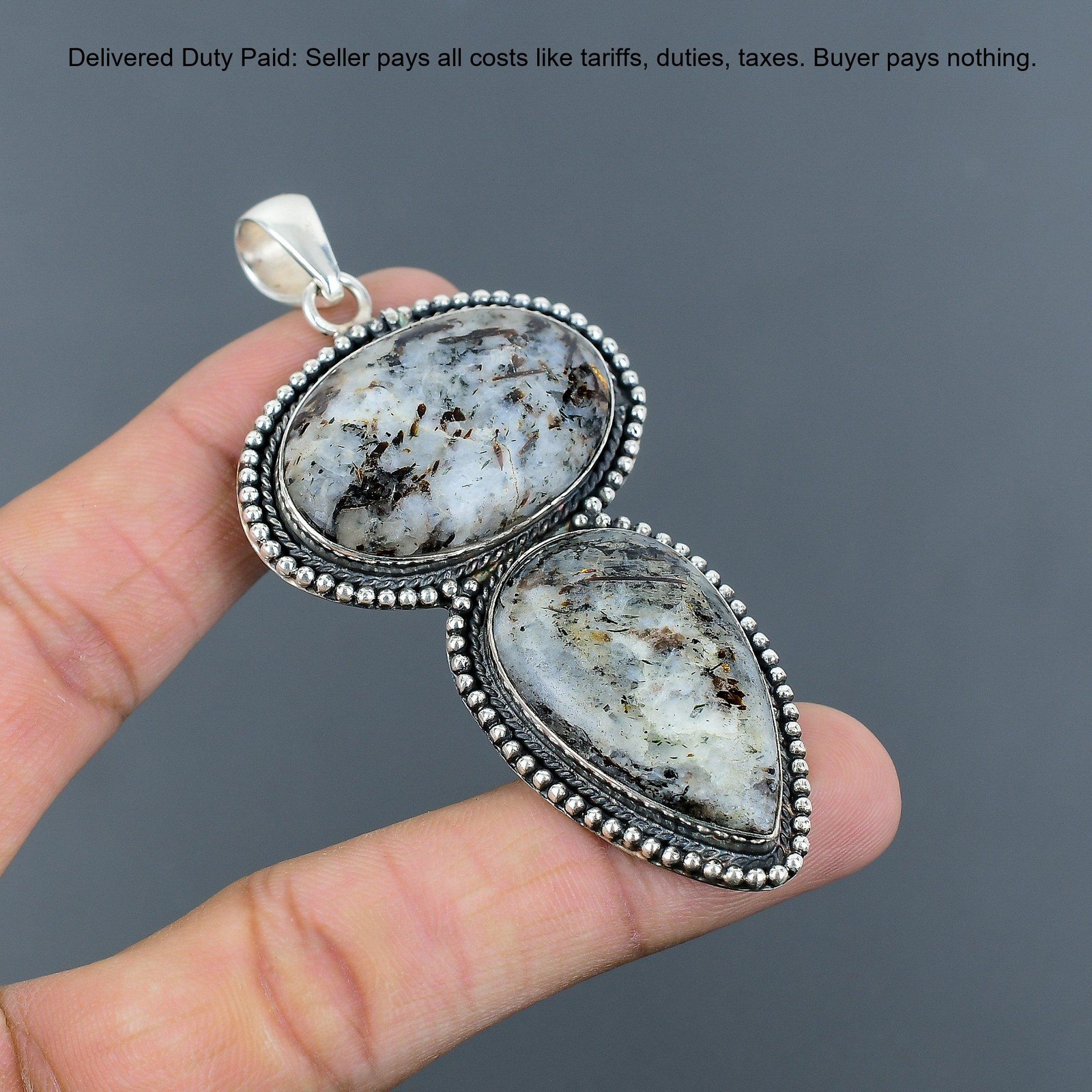 925 Silver Oval Natural Astrophyllite Engagement Wedding Vintage Bezel Pendant