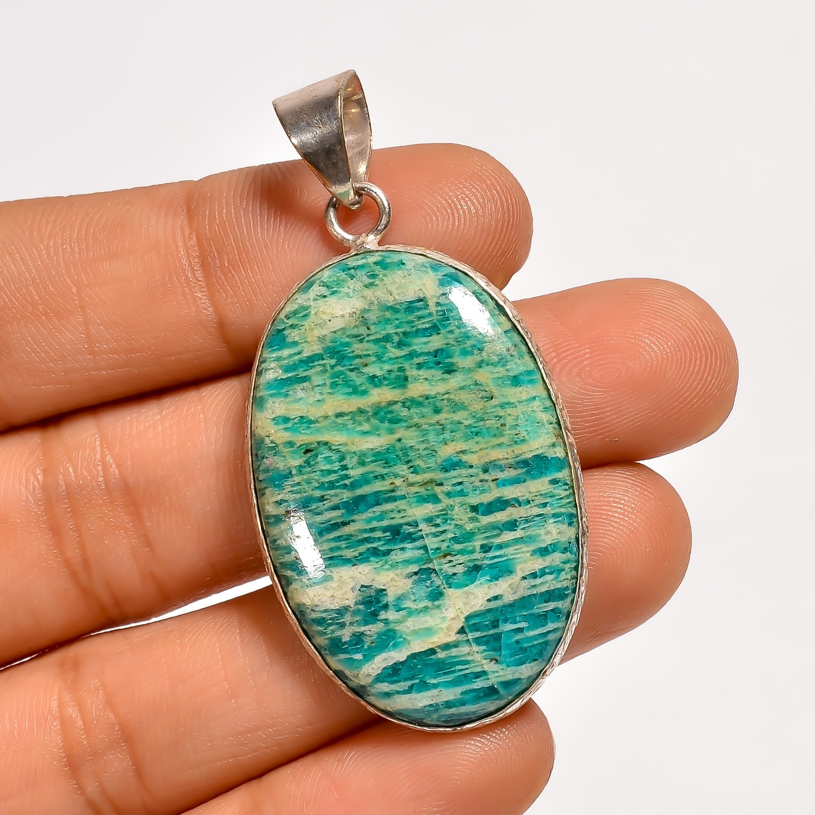 925 Sterling Silver Natural Amazonite Large Gemstone Pendant 1.9″ Trendy Jewelry