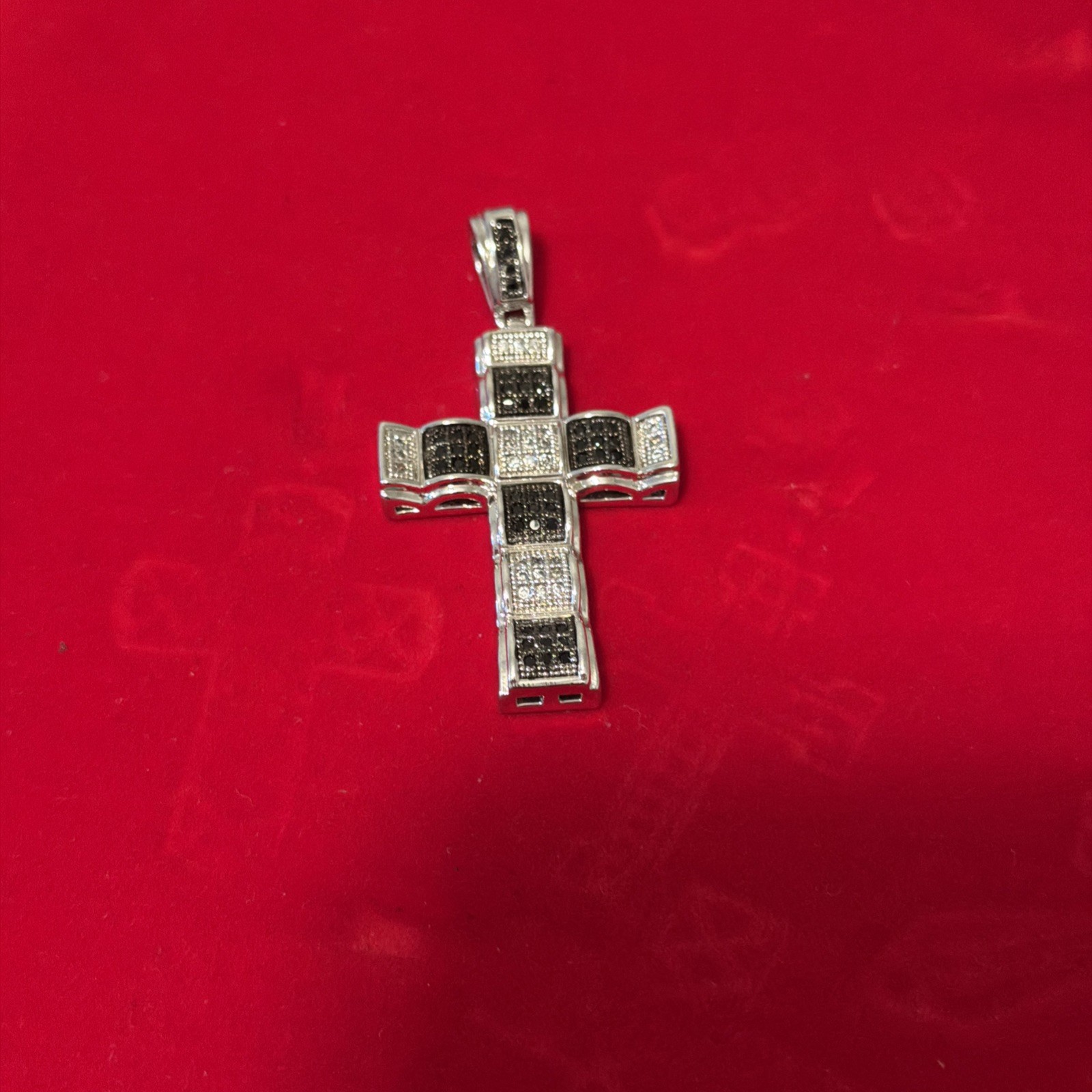 Pure Sterling Silver Cross Pendent with Black and White Cubic Zirconia Stones